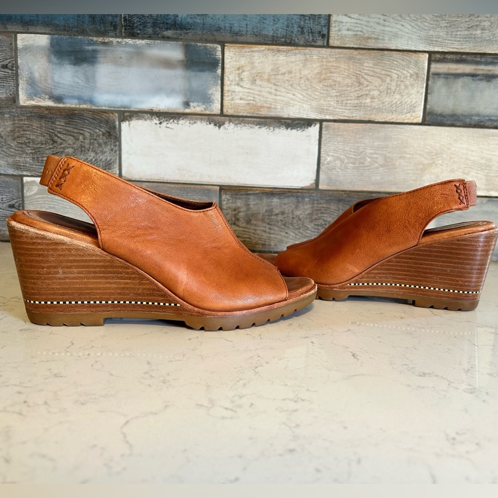 Sorel Nadia Camel Brown Leather Slingbacks Wedge Heeled Sandals - Picture 3 of 16